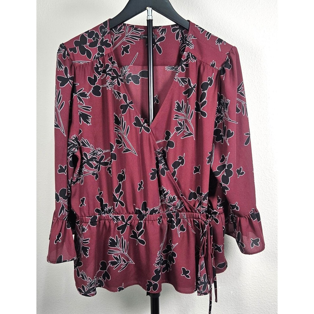 Ann Taylor Factory XL Floral Wrap Blouse Burgundy Peplum Bell Sleeve Top